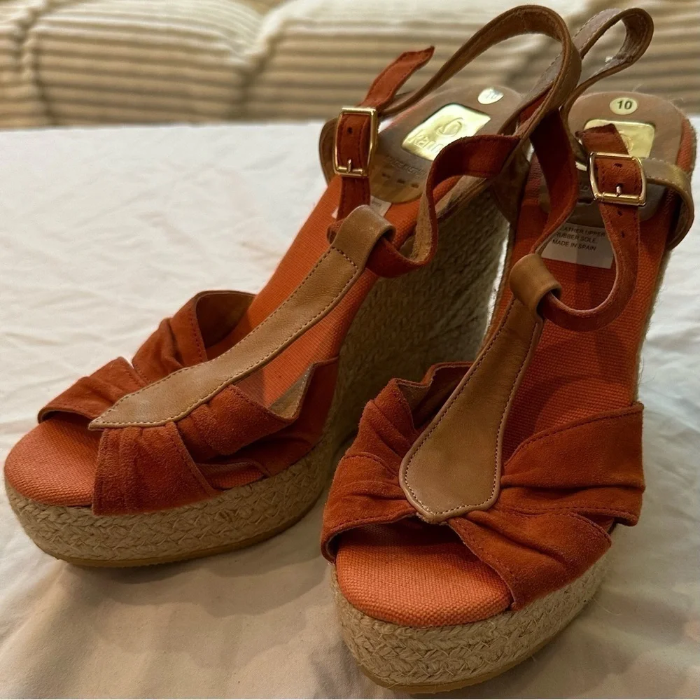 Kanna Anthropologie Suede Leather Orange Espadrille Platform Wedge Sandal 9